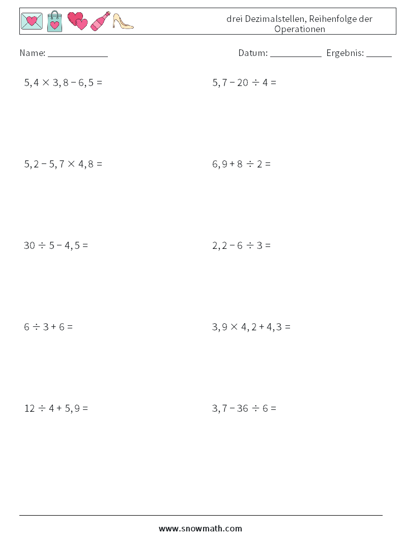 (10) drei Dezimalstellen, Reihenfolge der Operationen Mathe-Arbeitsblätter 8
