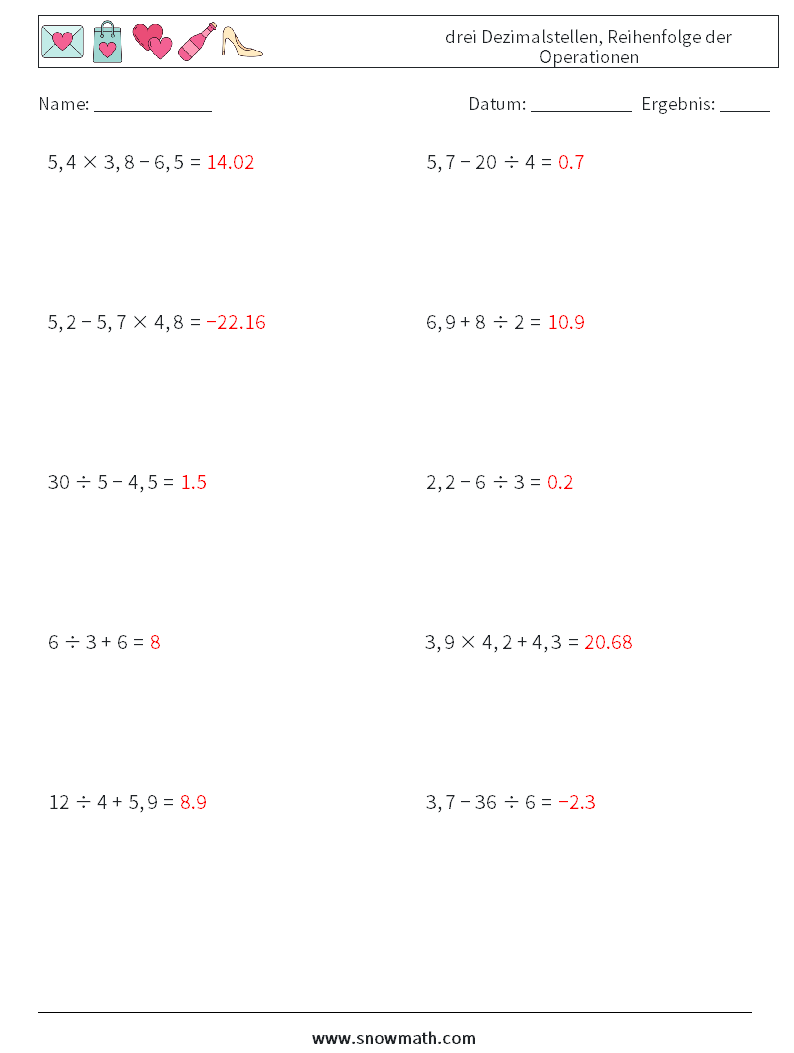 (10) drei Dezimalstellen, Reihenfolge der Operationen Mathe-Arbeitsblätter 8 Frage, Antwort