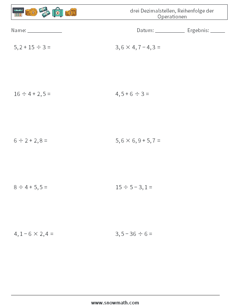 (10) drei Dezimalstellen, Reihenfolge der Operationen Mathe-Arbeitsblätter 9