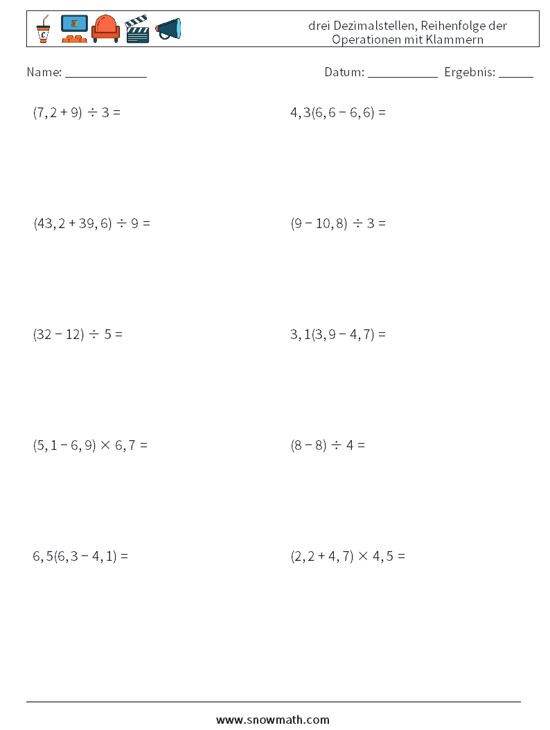 (10) drei Dezimalstellen, Reihenfolge der Operationen mit Klammern Mathe-Arbeitsblätter 10