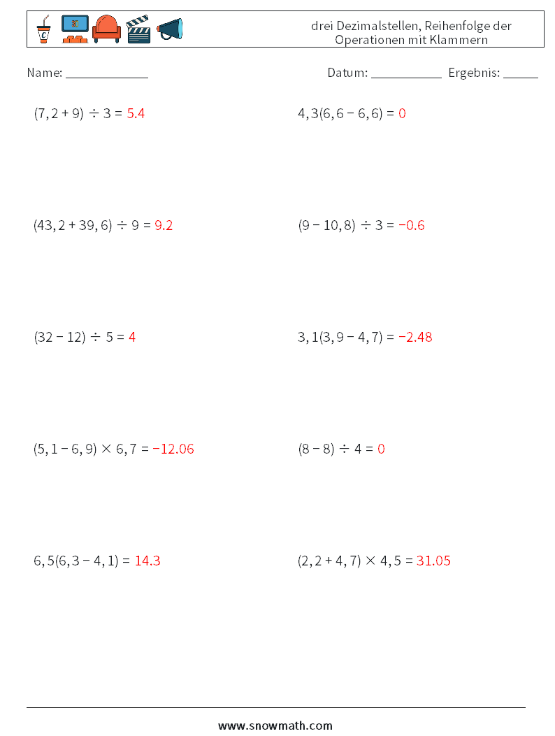 (10) drei Dezimalstellen, Reihenfolge der Operationen mit Klammern Mathe-Arbeitsblätter 10 Frage, Antwort
