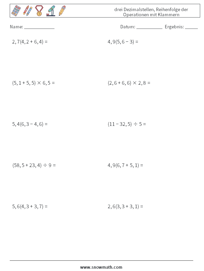 (10) drei Dezimalstellen, Reihenfolge der Operationen mit Klammern Mathe-Arbeitsblätter 12