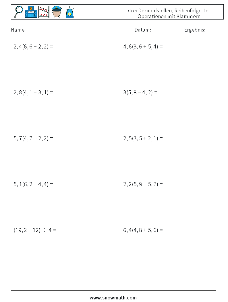 (10) drei Dezimalstellen, Reihenfolge der Operationen mit Klammern Mathe-Arbeitsblätter 13