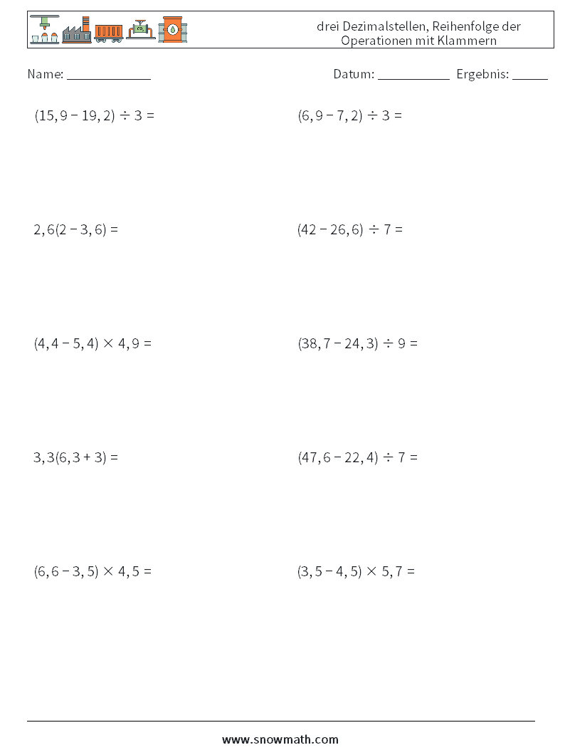 (10) drei Dezimalstellen, Reihenfolge der Operationen mit Klammern Mathe-Arbeitsblätter 14