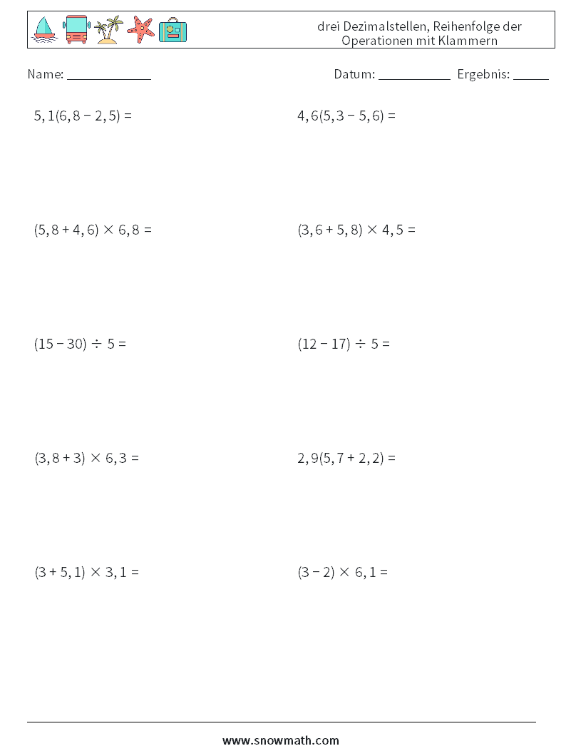(10) drei Dezimalstellen, Reihenfolge der Operationen mit Klammern Mathe-Arbeitsblätter 15