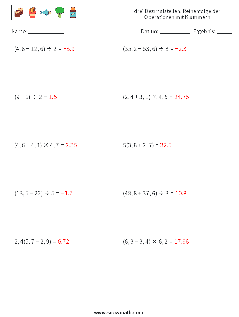 (10) drei Dezimalstellen, Reihenfolge der Operationen mit Klammern Mathe-Arbeitsblätter 16 Frage, Antwort