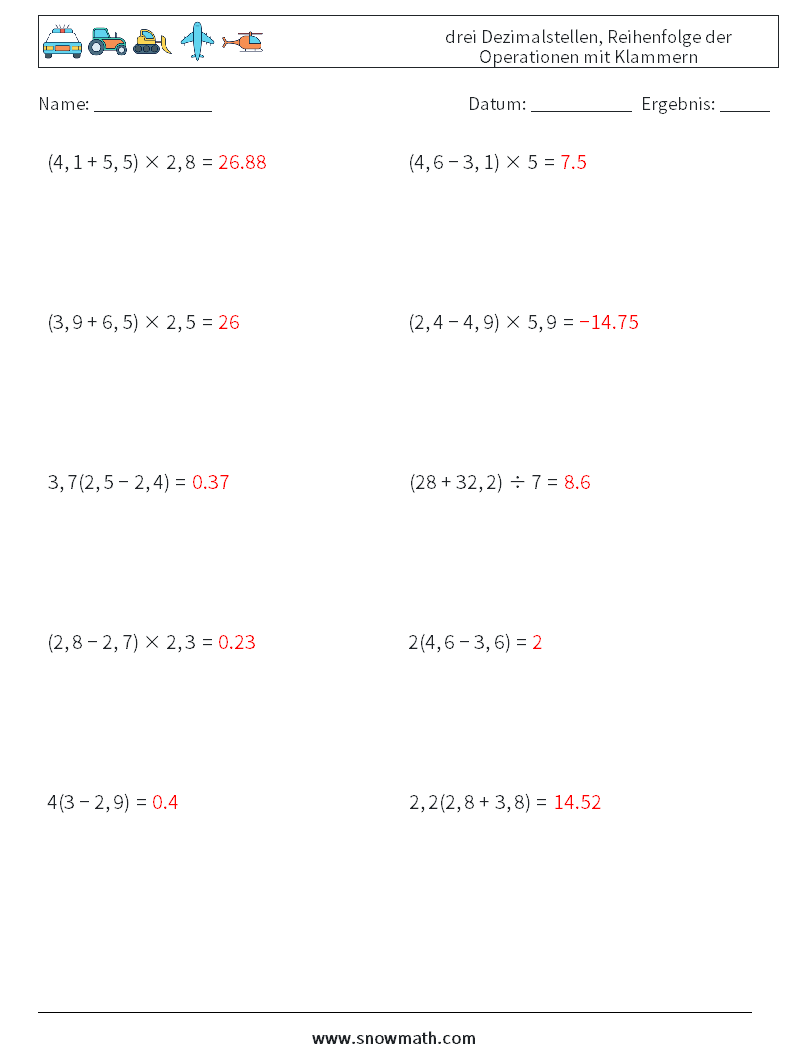 (10) drei Dezimalstellen, Reihenfolge der Operationen mit Klammern Mathe-Arbeitsblätter 17 Frage, Antwort