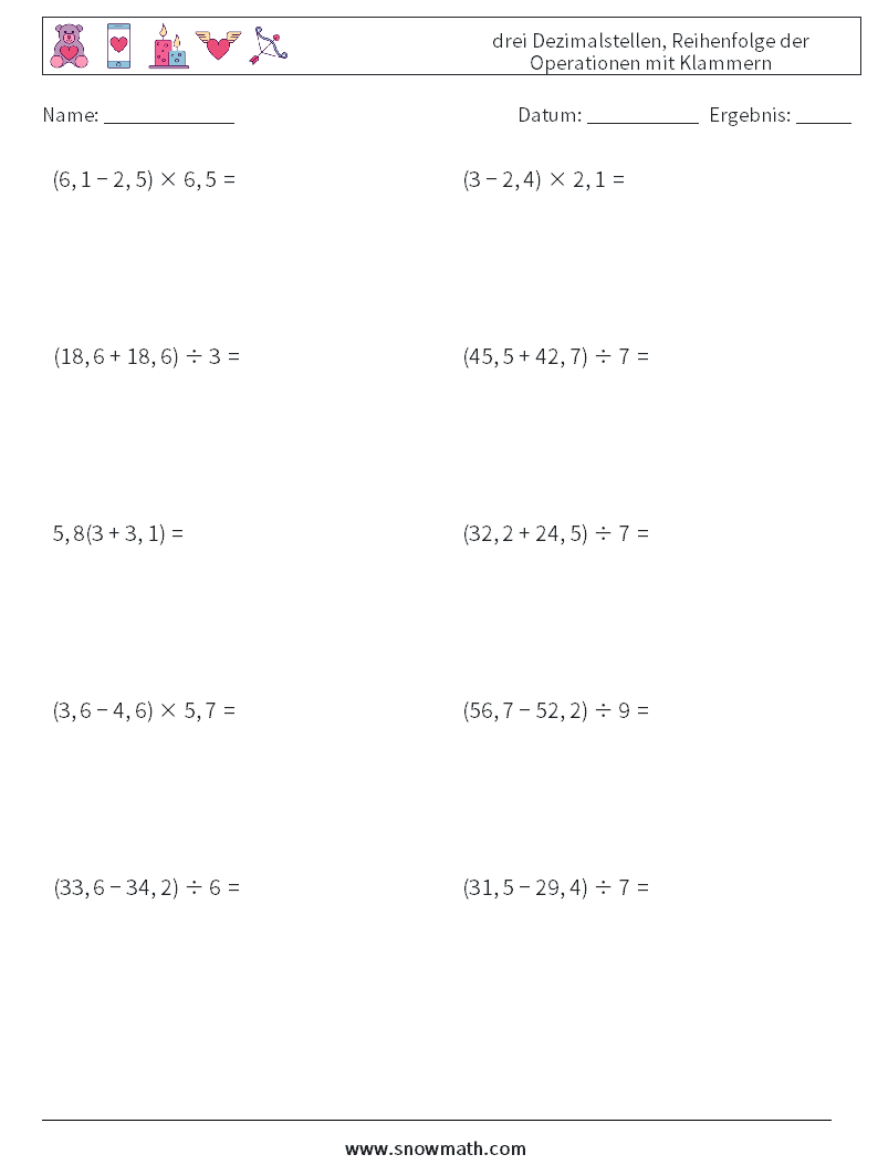 (10) drei Dezimalstellen, Reihenfolge der Operationen mit Klammern Mathe-Arbeitsblätter 18
