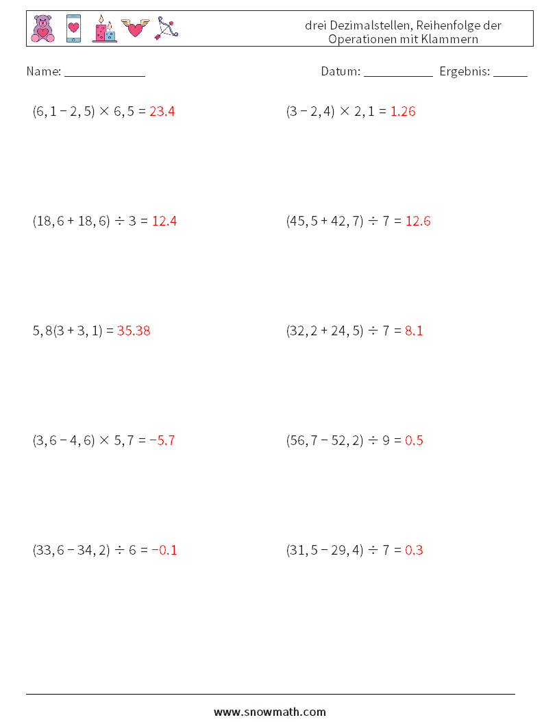 (10) drei Dezimalstellen, Reihenfolge der Operationen mit Klammern Mathe-Arbeitsblätter 18 Frage, Antwort