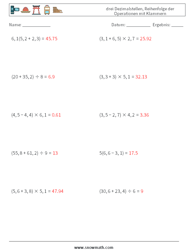 (10) drei Dezimalstellen, Reihenfolge der Operationen mit Klammern Mathe-Arbeitsblätter 2 Frage, Antwort