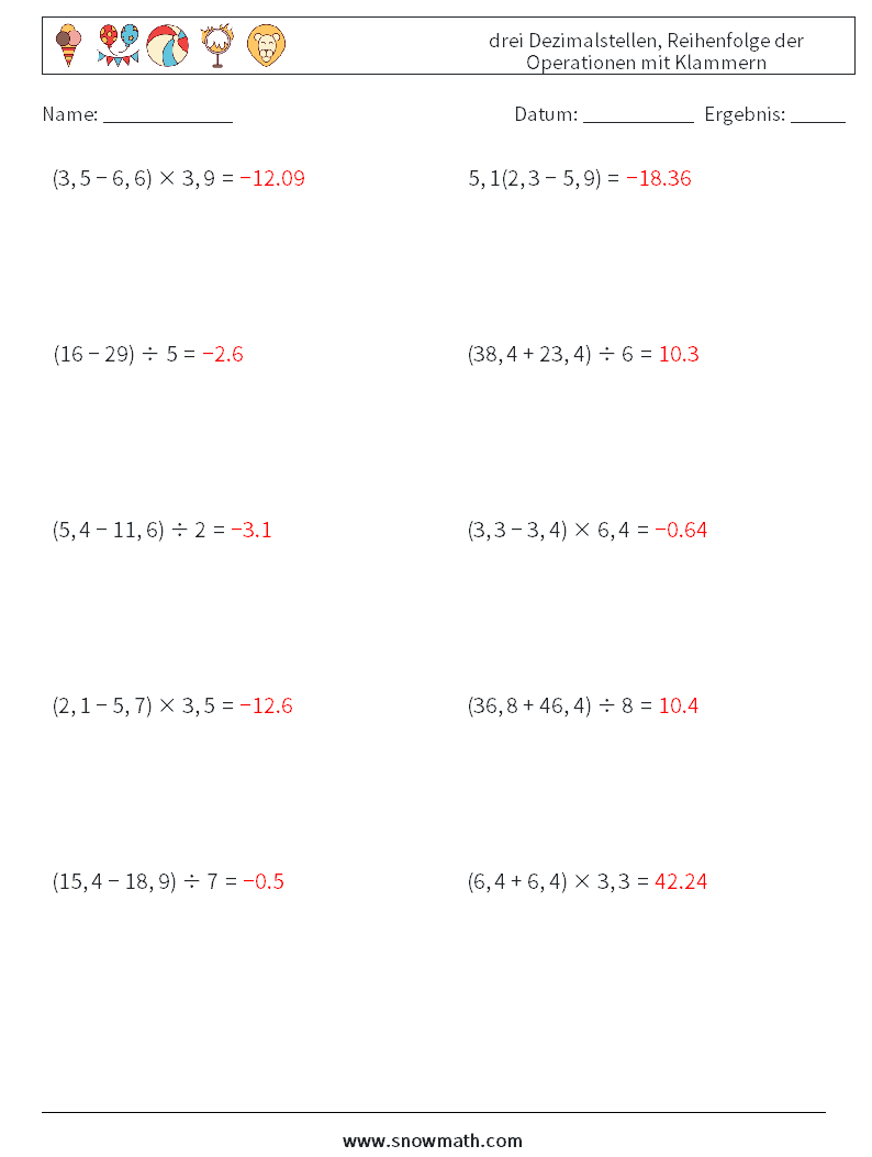 (10) drei Dezimalstellen, Reihenfolge der Operationen mit Klammern Mathe-Arbeitsblätter 3 Frage, Antwort