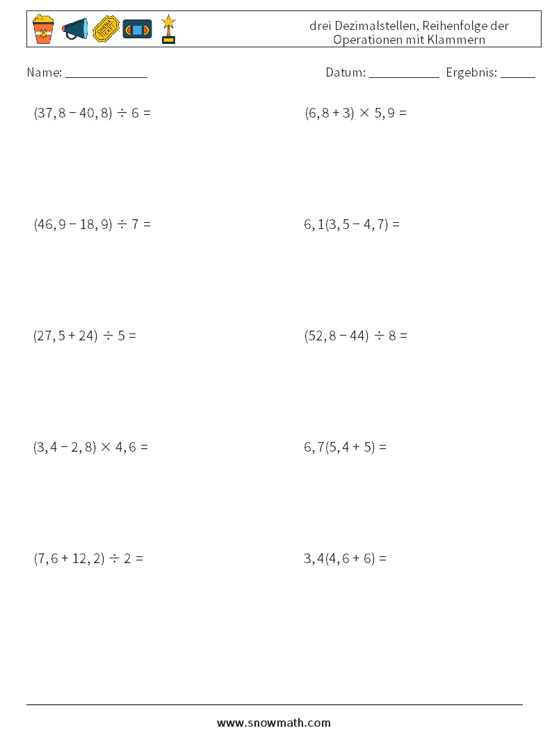 (10) drei Dezimalstellen, Reihenfolge der Operationen mit Klammern Mathe-Arbeitsblätter 4