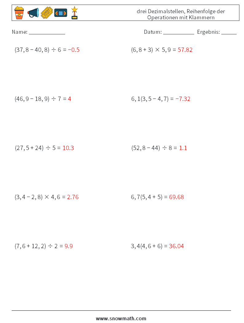 (10) drei Dezimalstellen, Reihenfolge der Operationen mit Klammern Mathe-Arbeitsblätter 4 Frage, Antwort