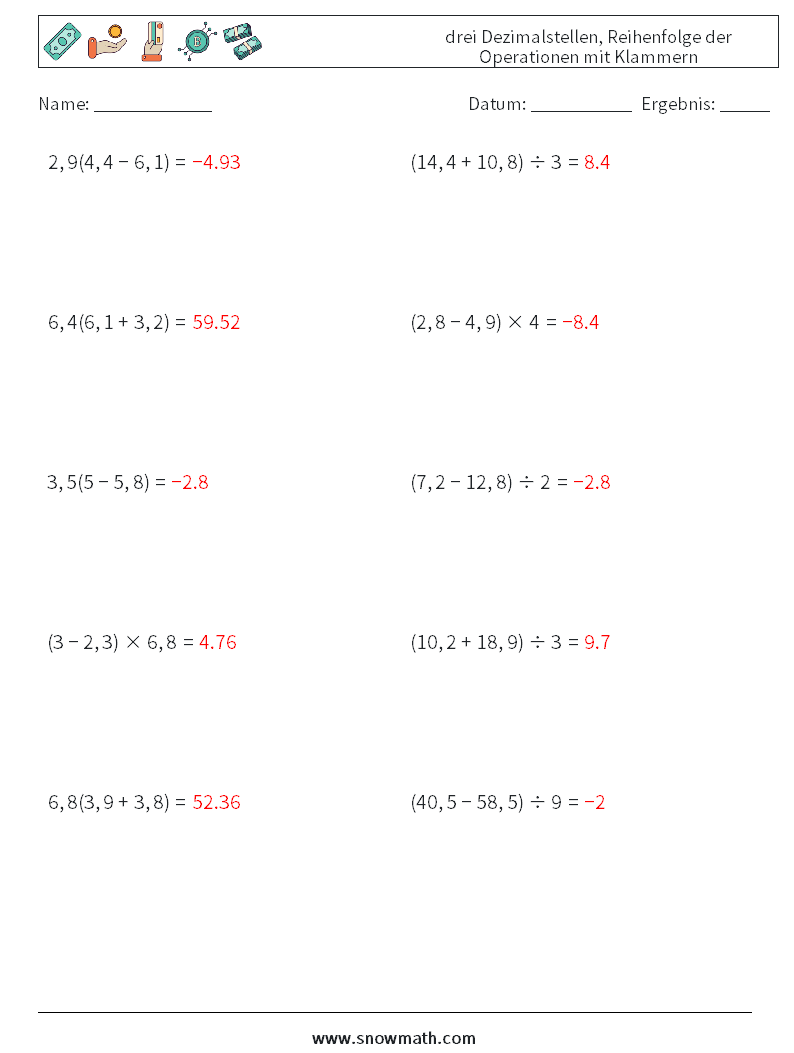 (10) drei Dezimalstellen, Reihenfolge der Operationen mit Klammern Mathe-Arbeitsblätter 6 Frage, Antwort