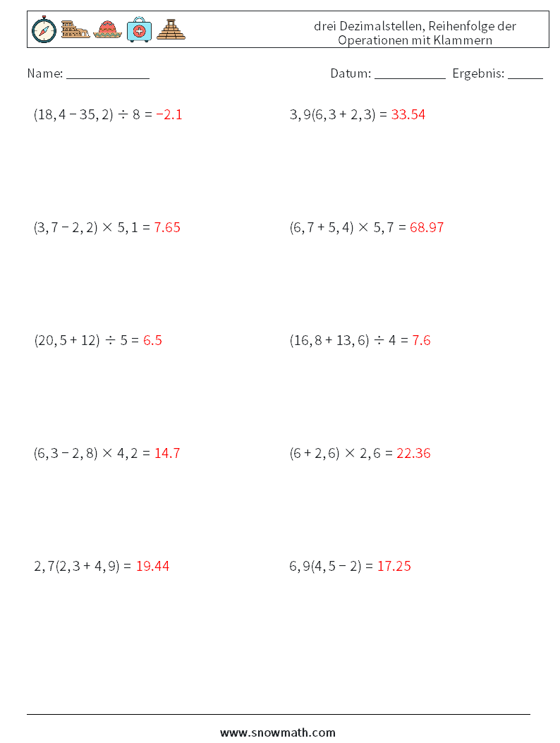 (10) drei Dezimalstellen, Reihenfolge der Operationen mit Klammern Mathe-Arbeitsblätter 7 Frage, Antwort