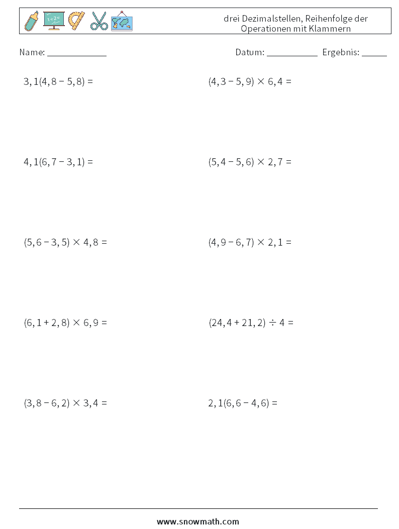 (10) drei Dezimalstellen, Reihenfolge der Operationen mit Klammern Mathe-Arbeitsblätter 8