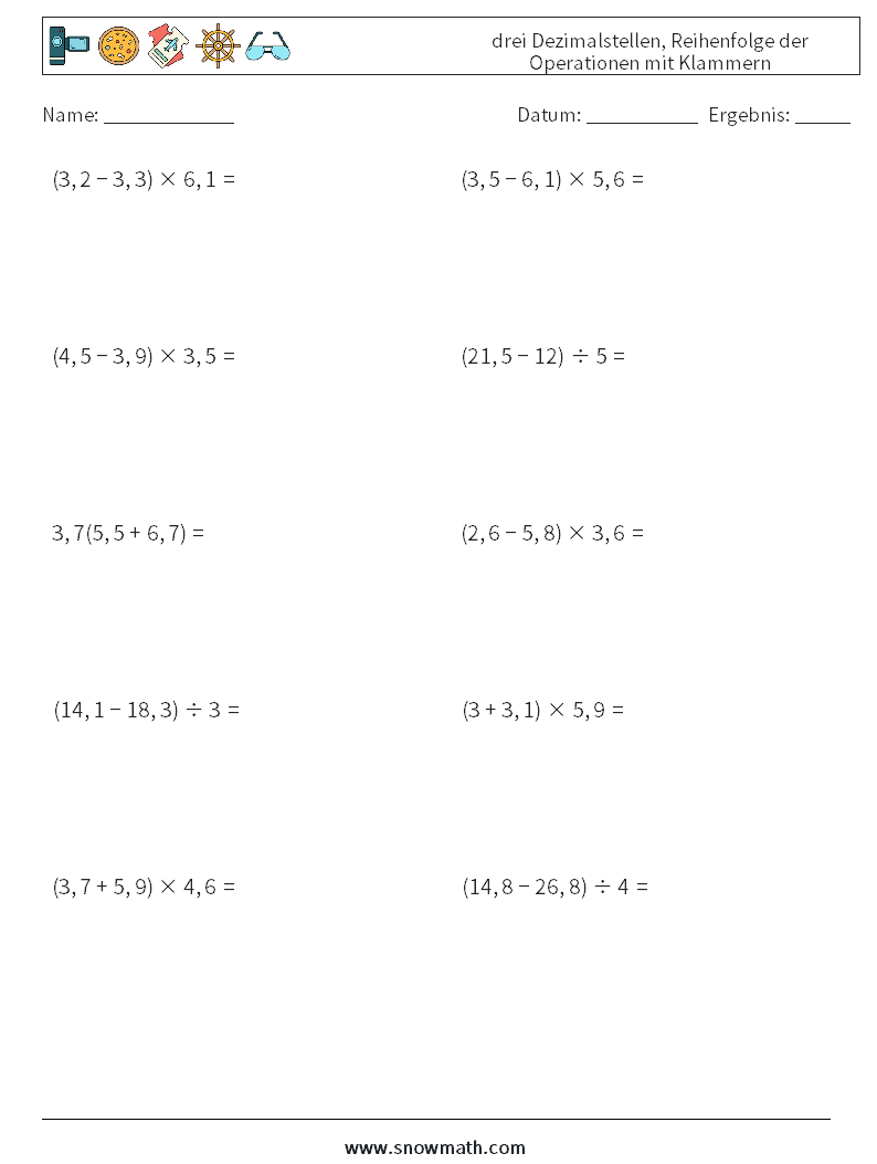 (10) drei Dezimalstellen, Reihenfolge der Operationen mit Klammern Mathe-Arbeitsblätter 9