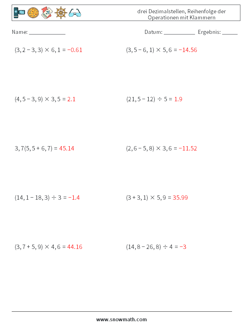 (10) drei Dezimalstellen, Reihenfolge der Operationen mit Klammern Mathe-Arbeitsblätter 9 Frage, Antwort