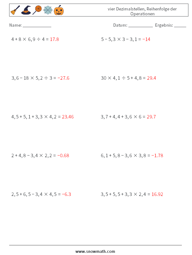 (10) vier Dezimalstellen, Reihenfolge der Operationen Mathe-Arbeitsblätter 4 Frage, Antwort