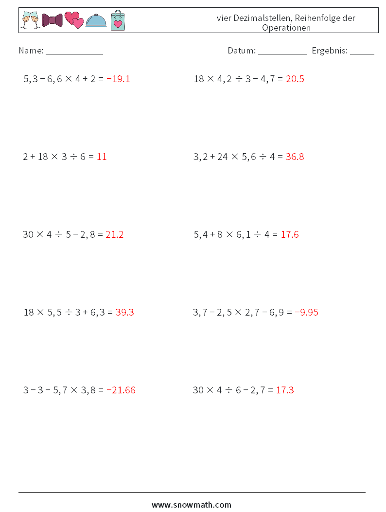 (10) vier Dezimalstellen, Reihenfolge der Operationen Mathe-Arbeitsblätter 5 Frage, Antwort