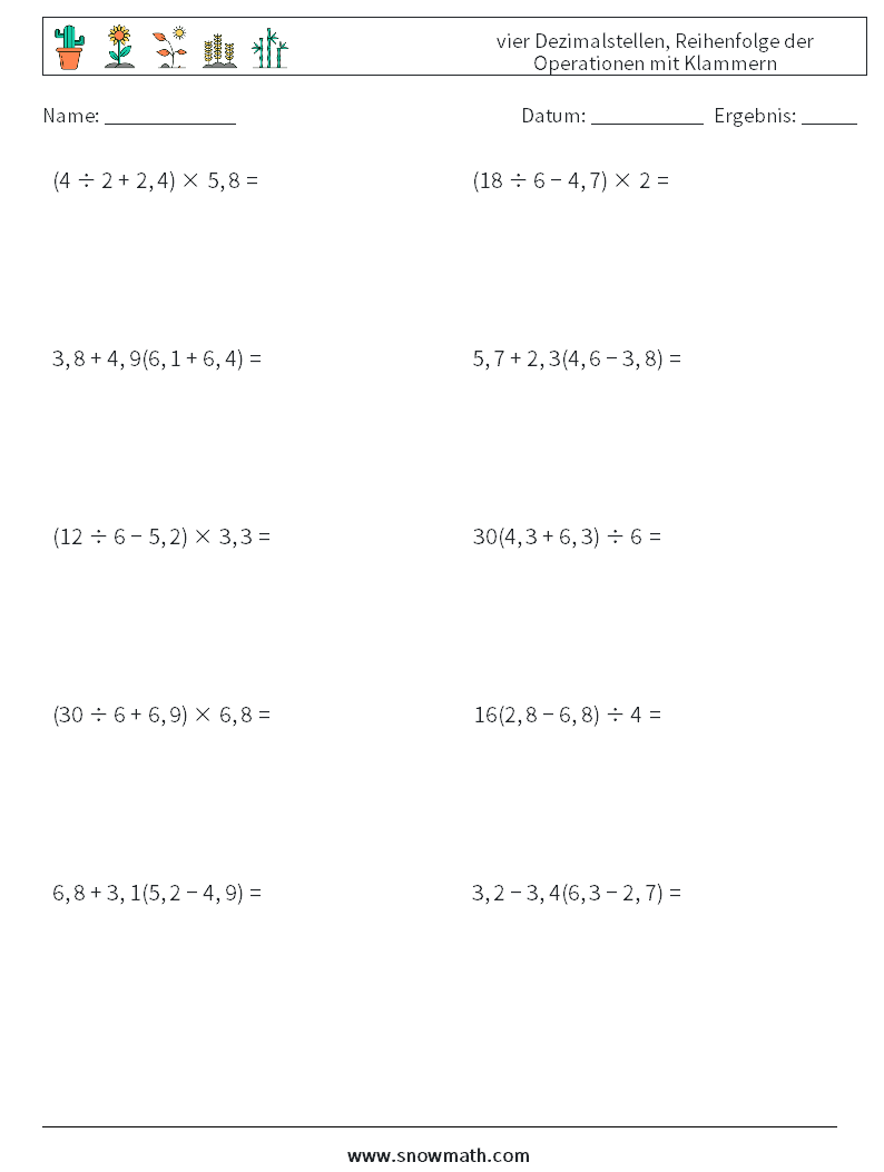 (10) vier Dezimalstellen, Reihenfolge der Operationen mit Klammern Mathe-Arbeitsblätter 10