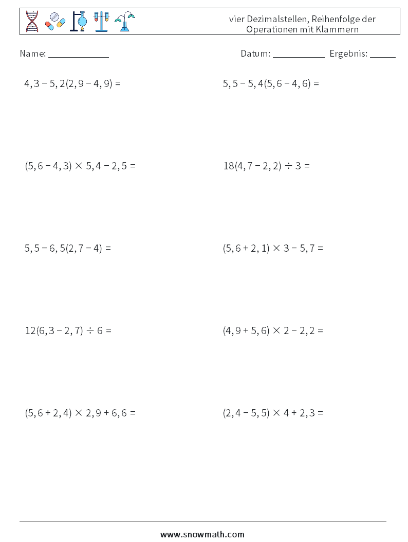 (10) vier Dezimalstellen, Reihenfolge der Operationen mit Klammern Mathe-Arbeitsblätter 11
