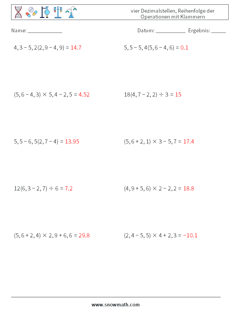 (10) vier Dezimalstellen, Reihenfolge der Operationen mit Klammern Mathe-Arbeitsblätter 11 Frage, Antwort