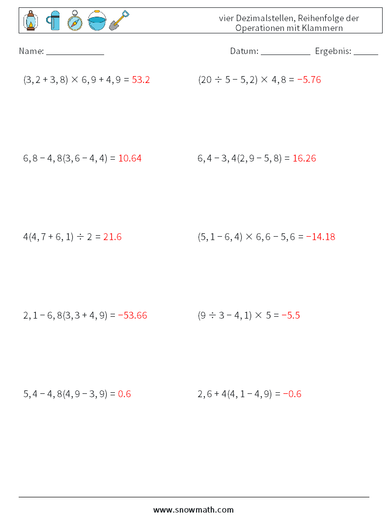 (10) vier Dezimalstellen, Reihenfolge der Operationen mit Klammern Mathe-Arbeitsblätter 12 Frage, Antwort