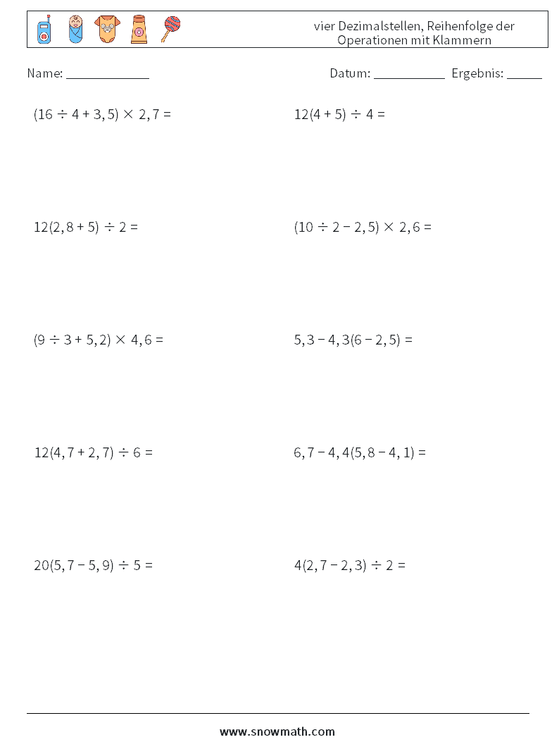 (10) vier Dezimalstellen, Reihenfolge der Operationen mit Klammern Mathe-Arbeitsblätter 13