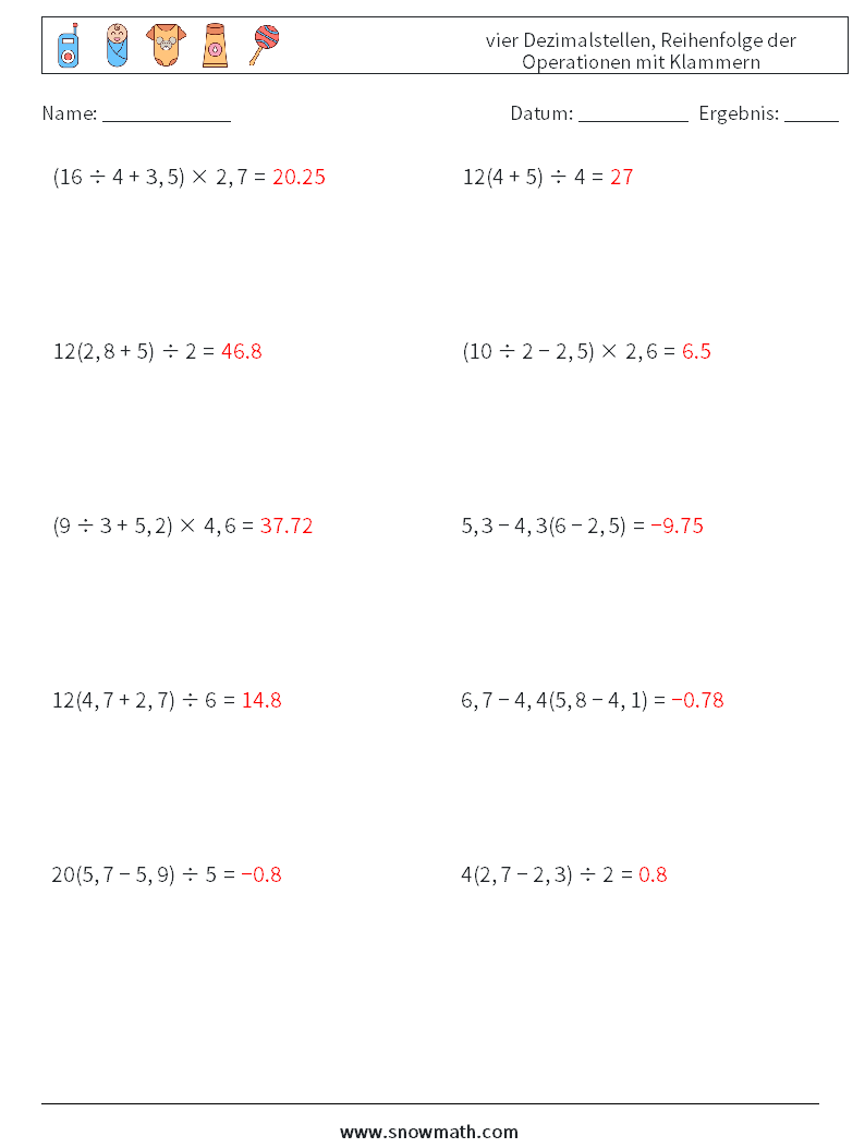 (10) vier Dezimalstellen, Reihenfolge der Operationen mit Klammern Mathe-Arbeitsblätter 13 Frage, Antwort