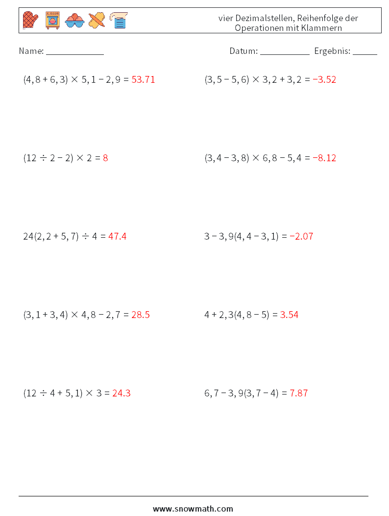 (10) vier Dezimalstellen, Reihenfolge der Operationen mit Klammern Mathe-Arbeitsblätter 15 Frage, Antwort