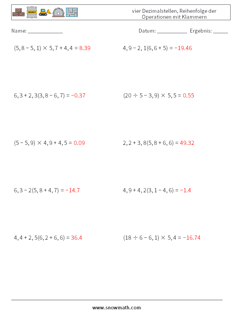 (10) vier Dezimalstellen, Reihenfolge der Operationen mit Klammern Mathe-Arbeitsblätter 16 Frage, Antwort
