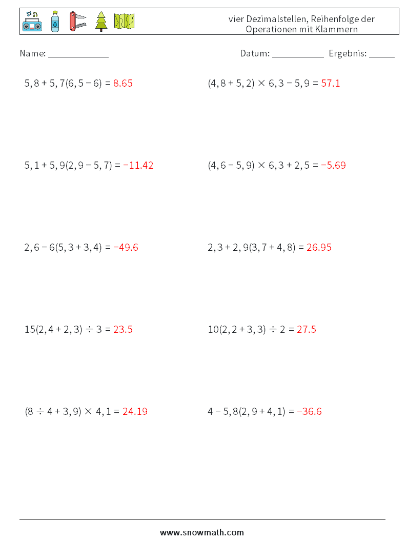 (10) vier Dezimalstellen, Reihenfolge der Operationen mit Klammern Mathe-Arbeitsblätter 17 Frage, Antwort