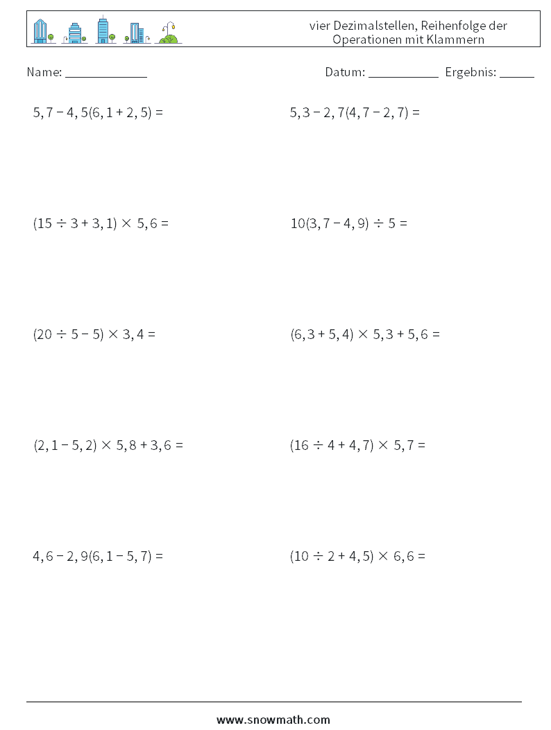 (10) vier Dezimalstellen, Reihenfolge der Operationen mit Klammern Mathe-Arbeitsblätter 18