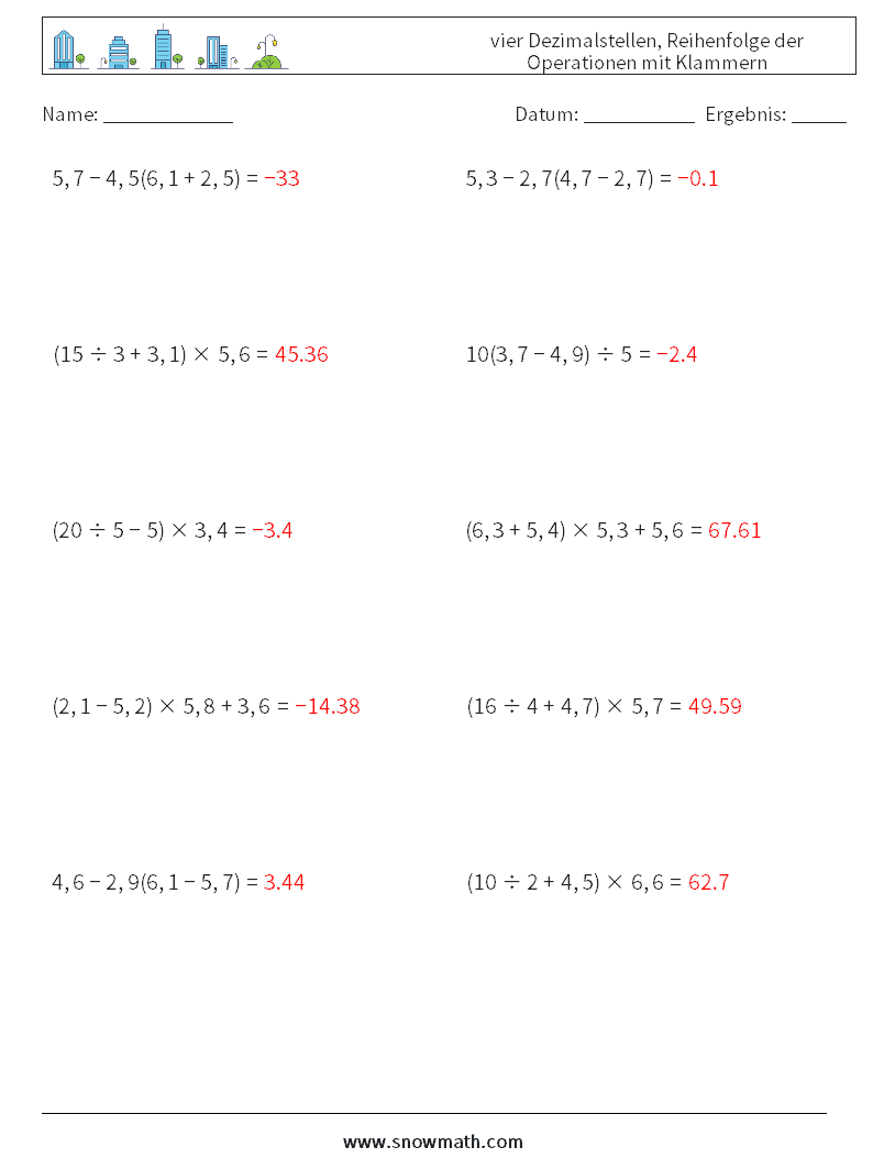 (10) vier Dezimalstellen, Reihenfolge der Operationen mit Klammern Mathe-Arbeitsblätter 18 Frage, Antwort