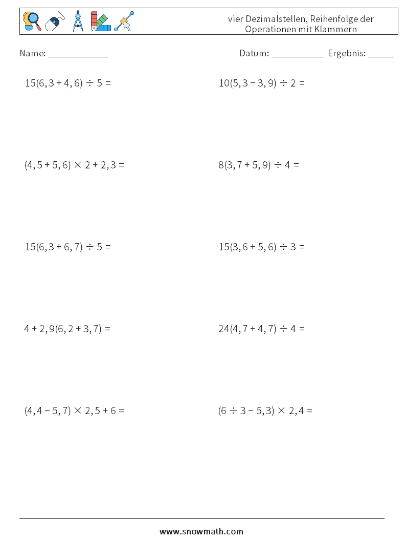 (10) vier Dezimalstellen, Reihenfolge der Operationen mit Klammern Mathe-Arbeitsblätter 2