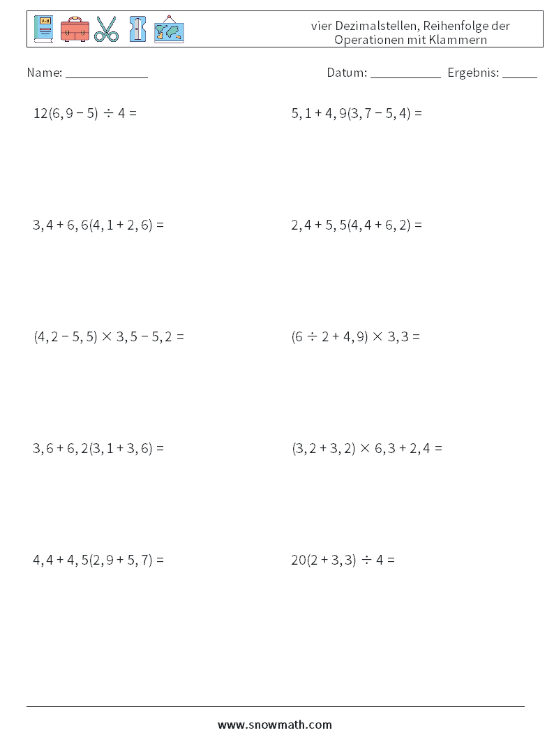 (10) vier Dezimalstellen, Reihenfolge der Operationen mit Klammern Mathe-Arbeitsblätter 3