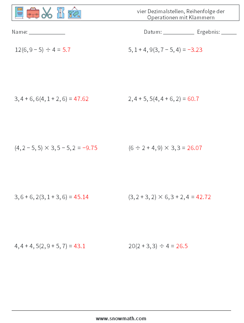 (10) vier Dezimalstellen, Reihenfolge der Operationen mit Klammern Mathe-Arbeitsblätter 3 Frage, Antwort