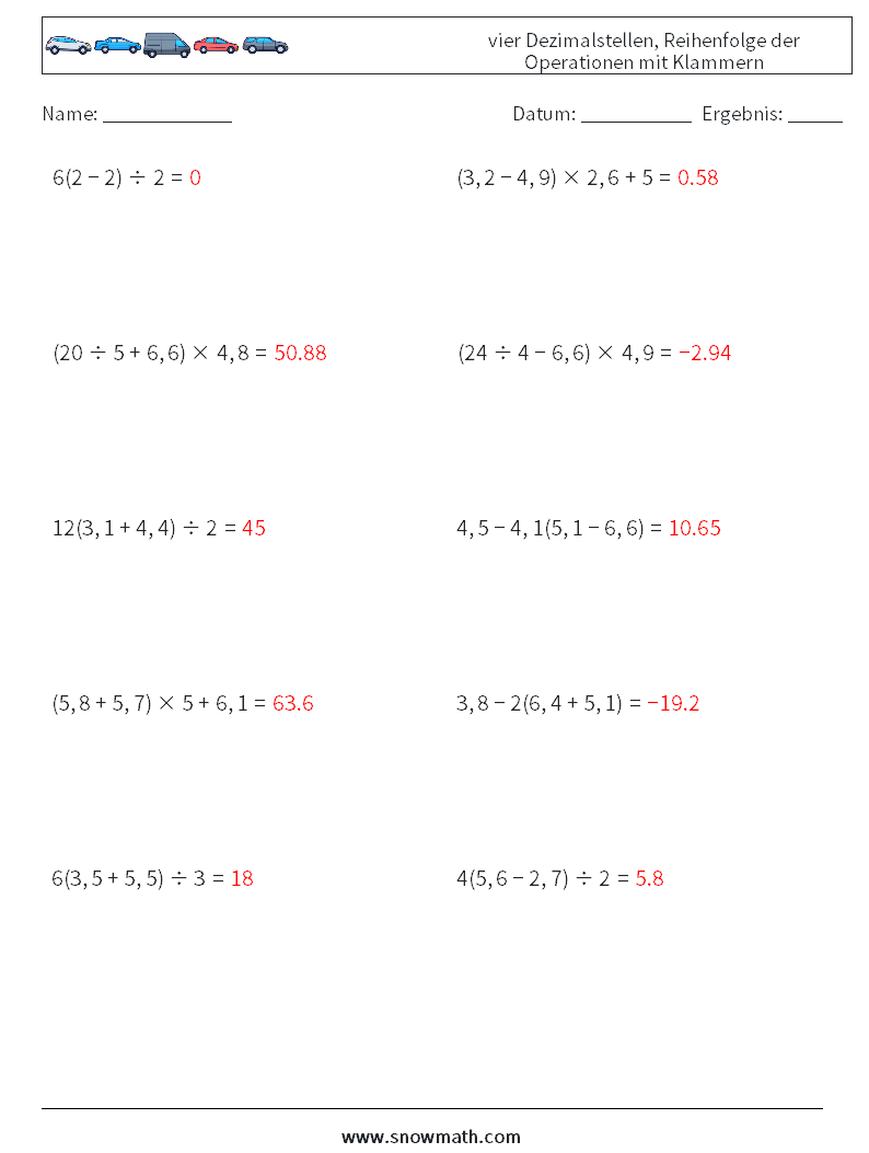 (10) vier Dezimalstellen, Reihenfolge der Operationen mit Klammern Mathe-Arbeitsblätter 4 Frage, Antwort