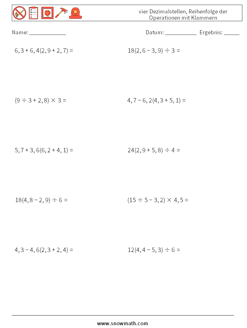 (10) vier Dezimalstellen, Reihenfolge der Operationen mit Klammern Mathe-Arbeitsblätter 5