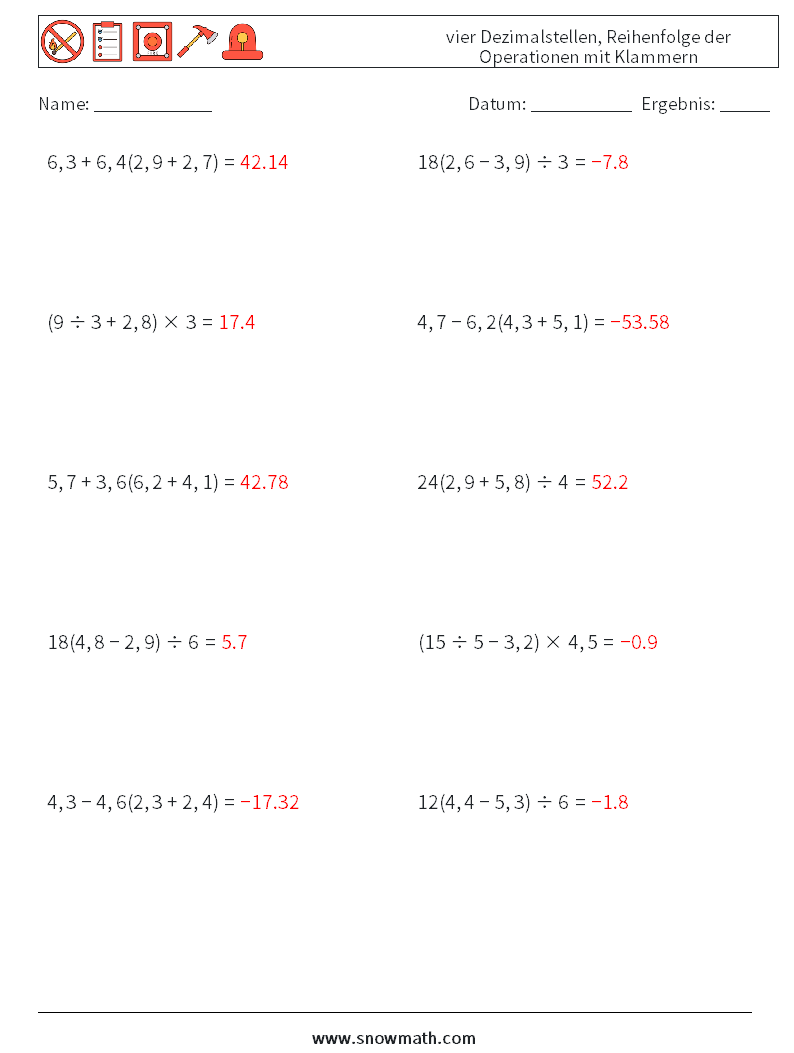 (10) vier Dezimalstellen, Reihenfolge der Operationen mit Klammern Mathe-Arbeitsblätter 5 Frage, Antwort