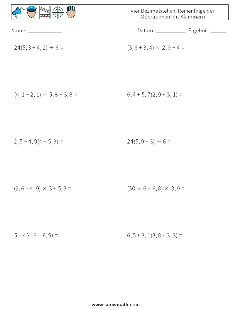 (10) vier Dezimalstellen, Reihenfolge der Operationen mit Klammern Mathe-Arbeitsblätter 6