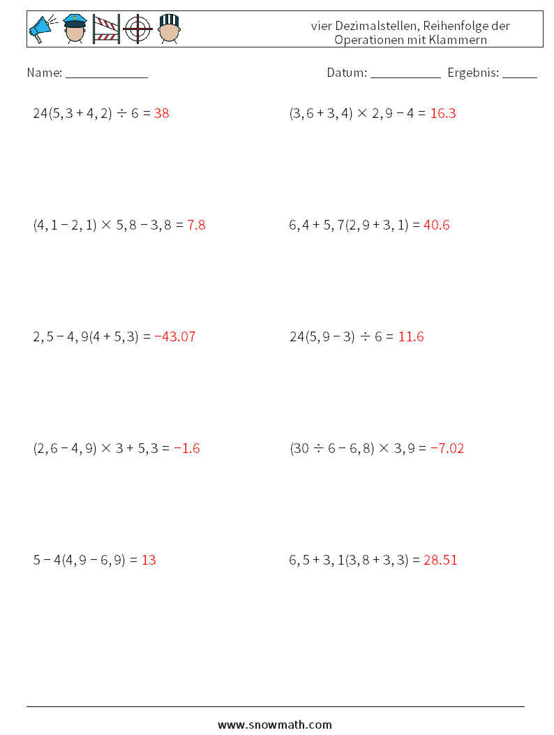(10) vier Dezimalstellen, Reihenfolge der Operationen mit Klammern Mathe-Arbeitsblätter 6 Frage, Antwort