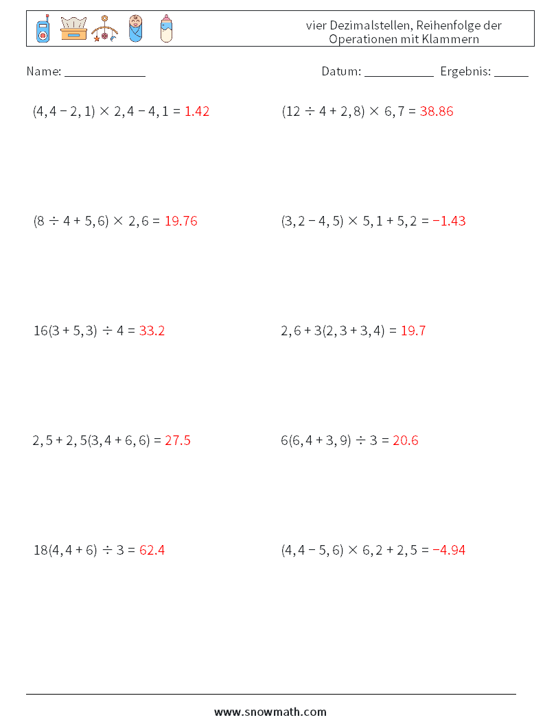 (10) vier Dezimalstellen, Reihenfolge der Operationen mit Klammern Mathe-Arbeitsblätter 7 Frage, Antwort