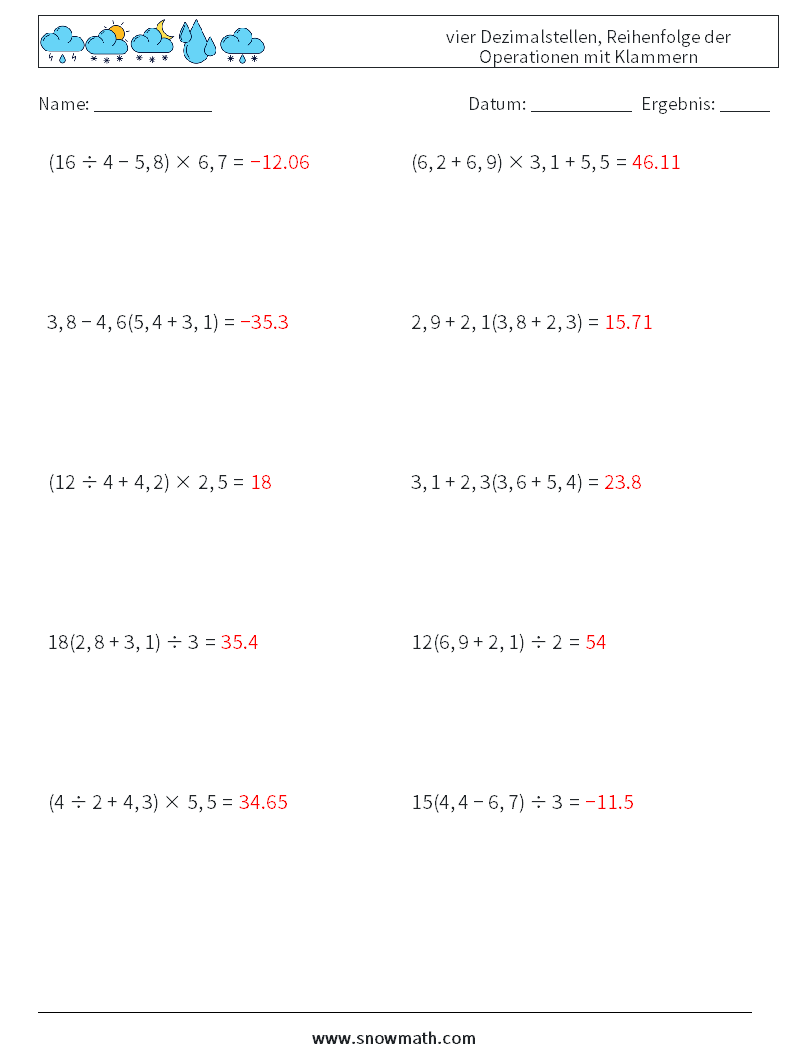 (10) vier Dezimalstellen, Reihenfolge der Operationen mit Klammern Mathe-Arbeitsblätter 8 Frage, Antwort