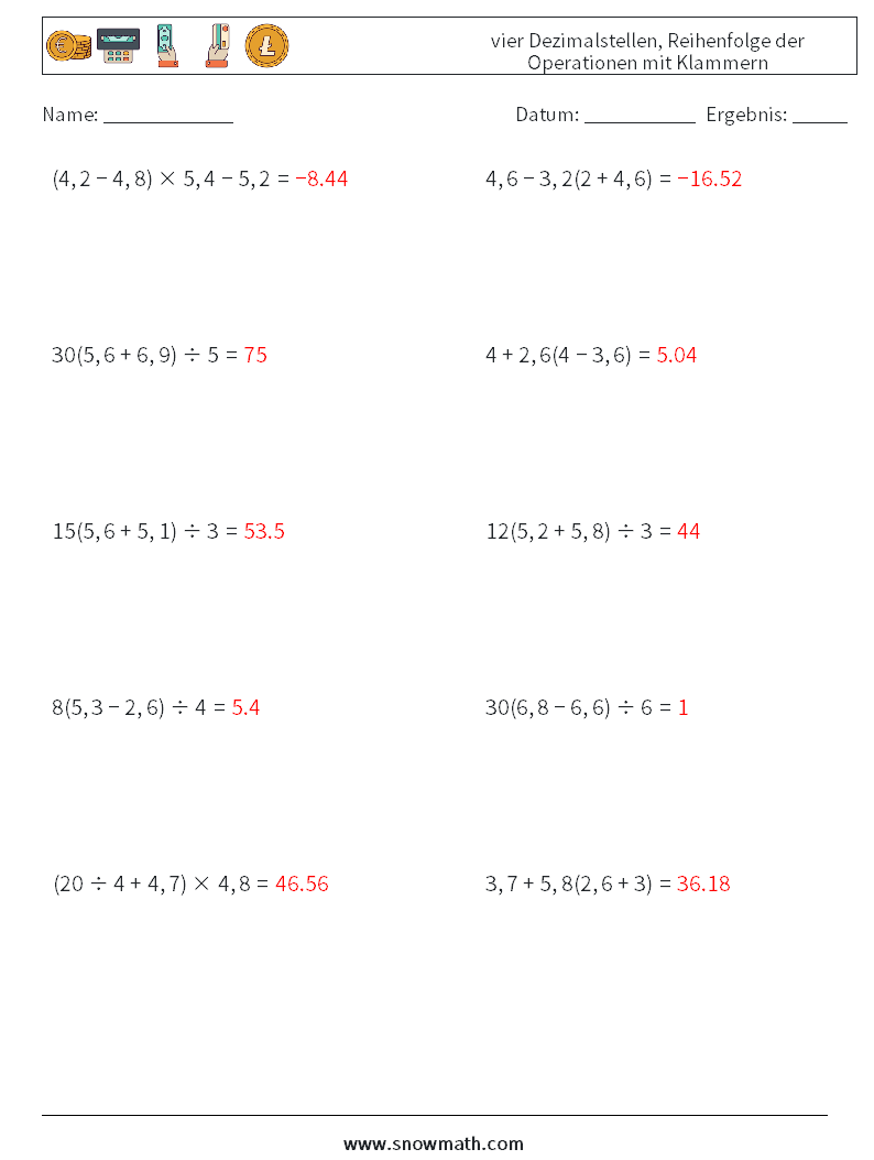 (10) vier Dezimalstellen, Reihenfolge der Operationen mit Klammern Mathe-Arbeitsblätter 9 Frage, Antwort