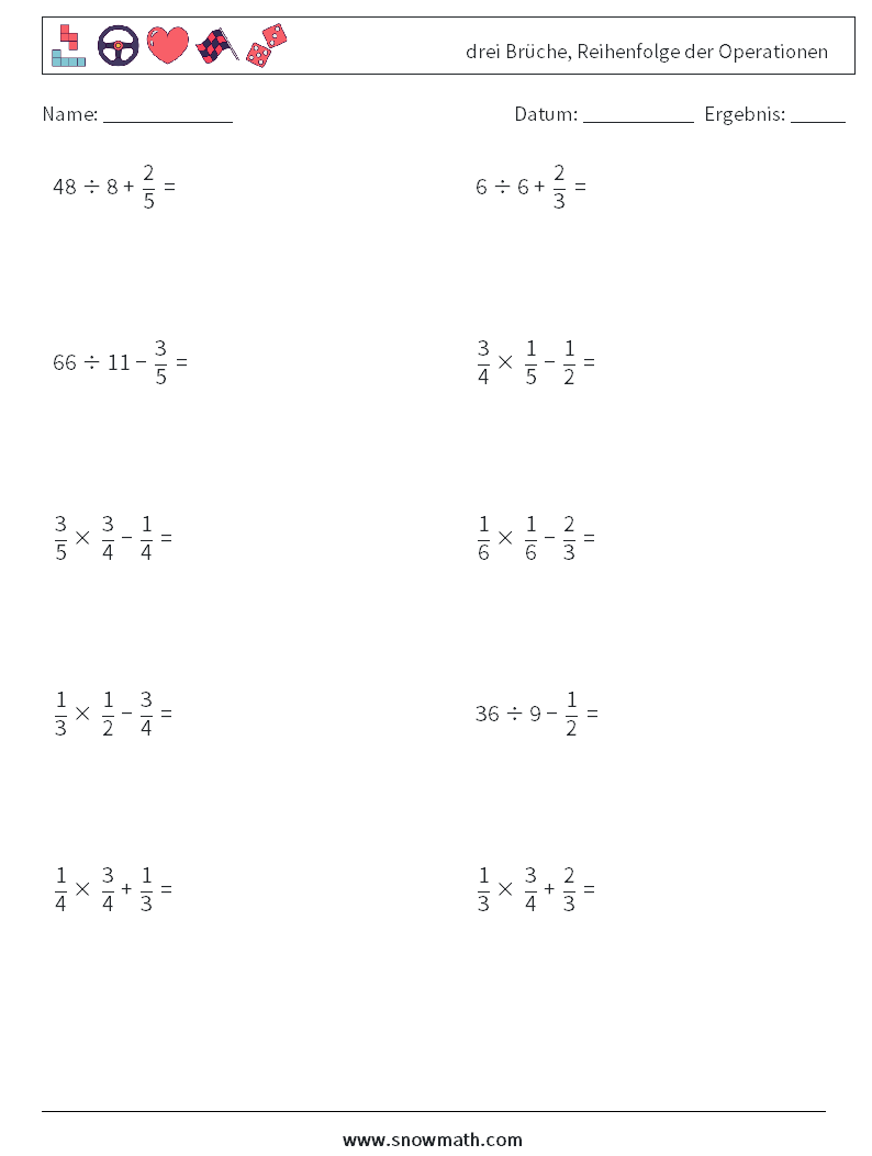 (10) drei Brüche, Reihenfolge der Operationen Mathe-Arbeitsblätter 1