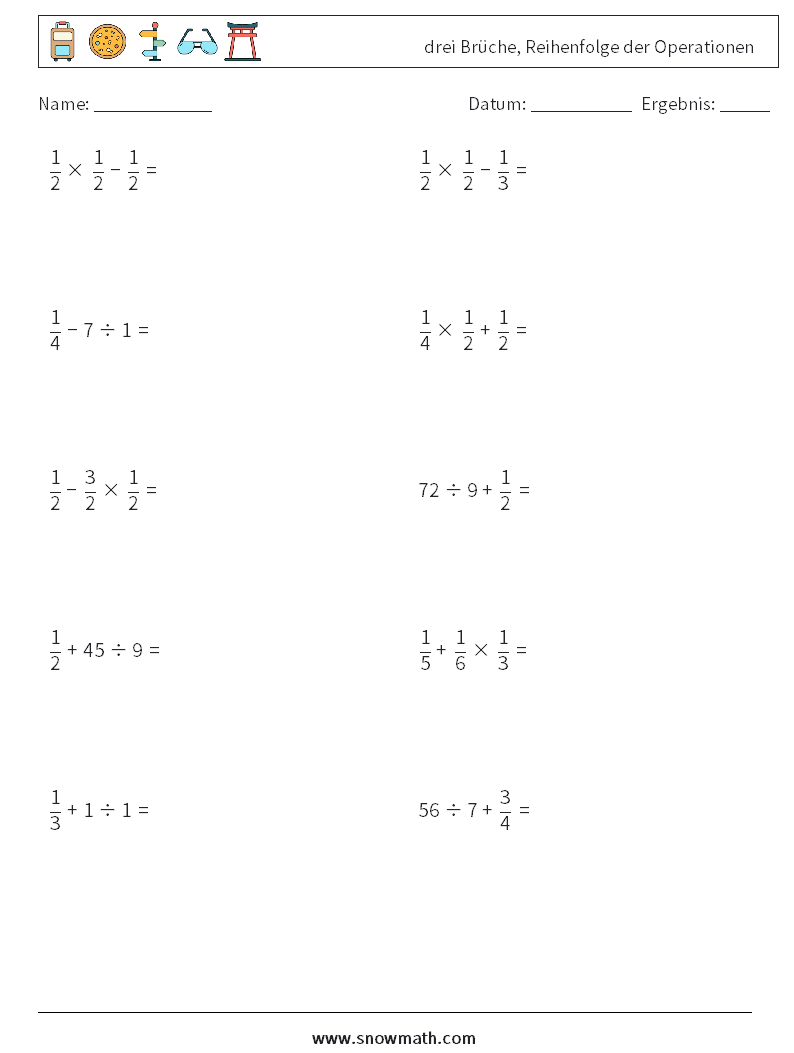 (10) drei Brüche, Reihenfolge der Operationen Mathe-Arbeitsblätter 10