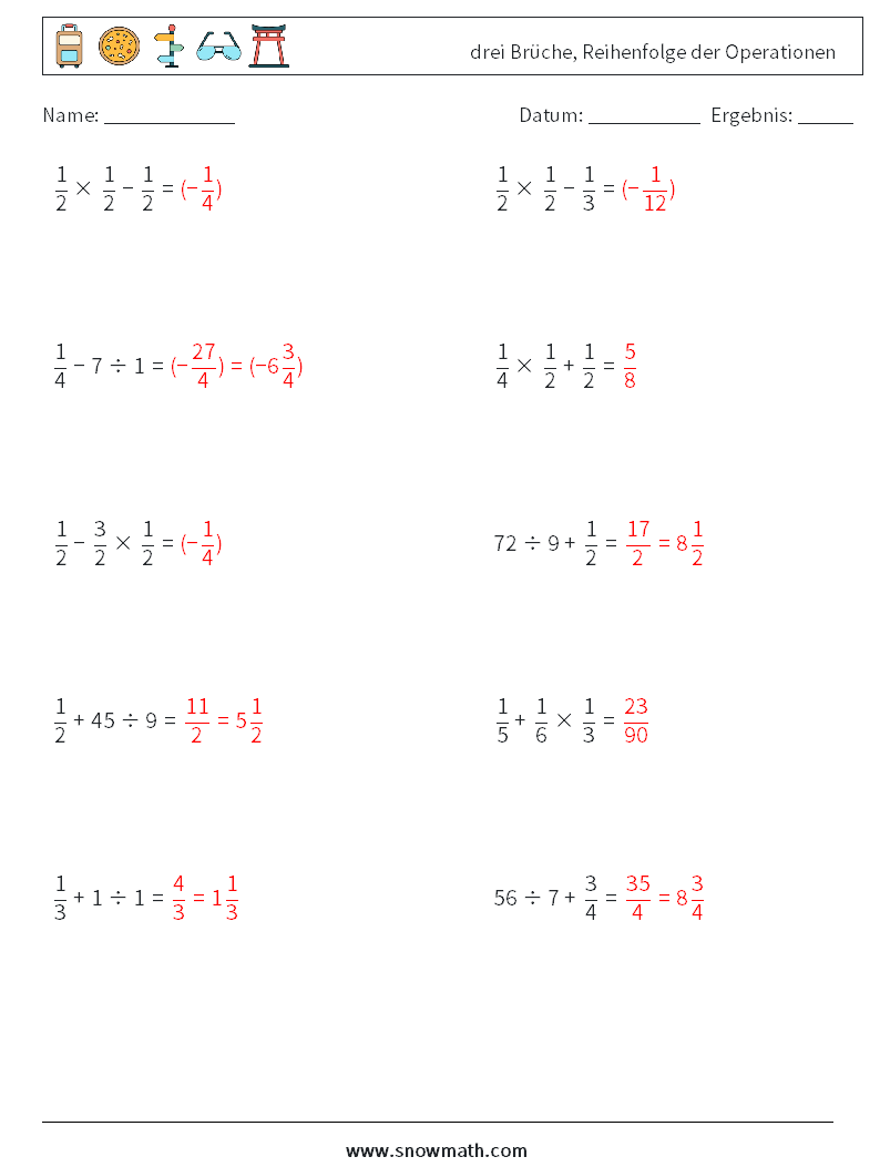 (10) drei Brüche, Reihenfolge der Operationen Mathe-Arbeitsblätter 10 Frage, Antwort