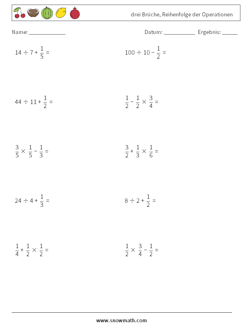 (10) drei Brüche, Reihenfolge der Operationen Mathe-Arbeitsblätter 13